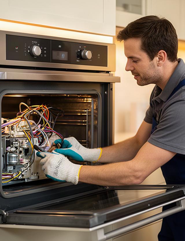 Técnico de reparaciones comprobando las conexiones de un horno empotrado