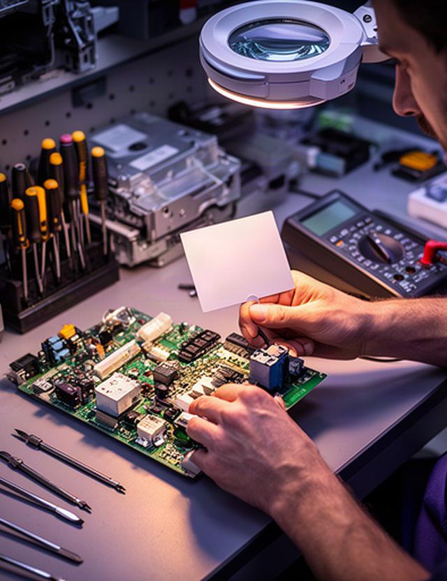 Técnico comprobando una placa electrónica y consultando la referencia del fabricante en un taller de reparación