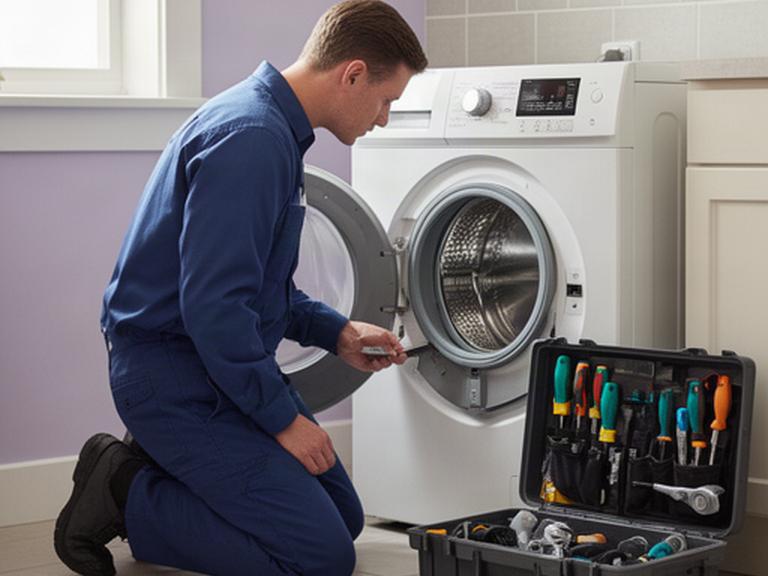 Técnico revisando una lavadora junto a una caja de herramientas en una vivienda luminosa